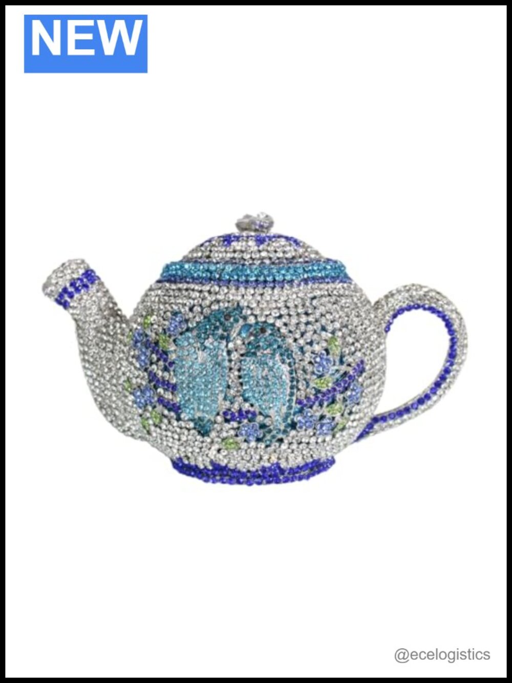 Rhinestone Teapot Novelty Evening Clutch with Chain Strap, Faux Leather Lining
